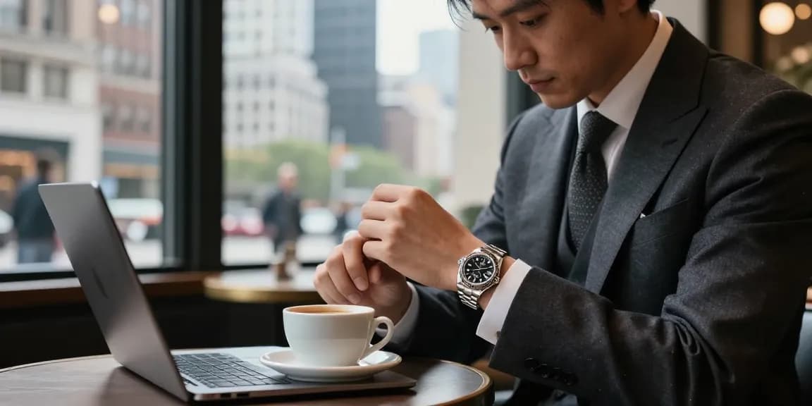 Admiring a Rolex super clone watch in a chic urban café, highlighting luxury and elegance.