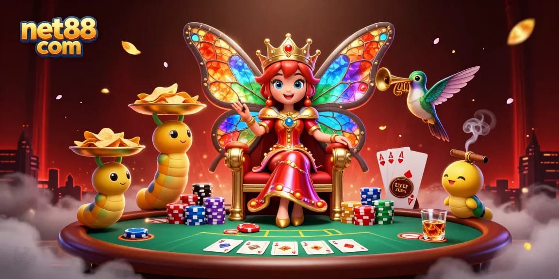 Engage in thrilling action on net88 com with a vibrant casino scene featuring a butterfly queen and poker elements.