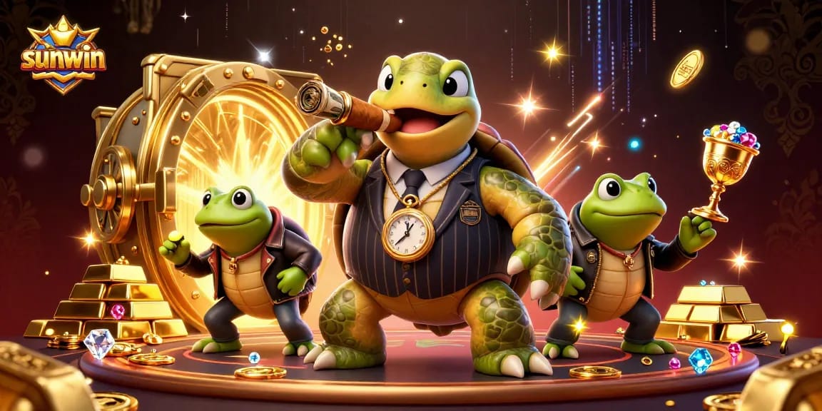 Engage with sunwin's exciting gambling scene featuring a turtle mobster among treasure and lights.