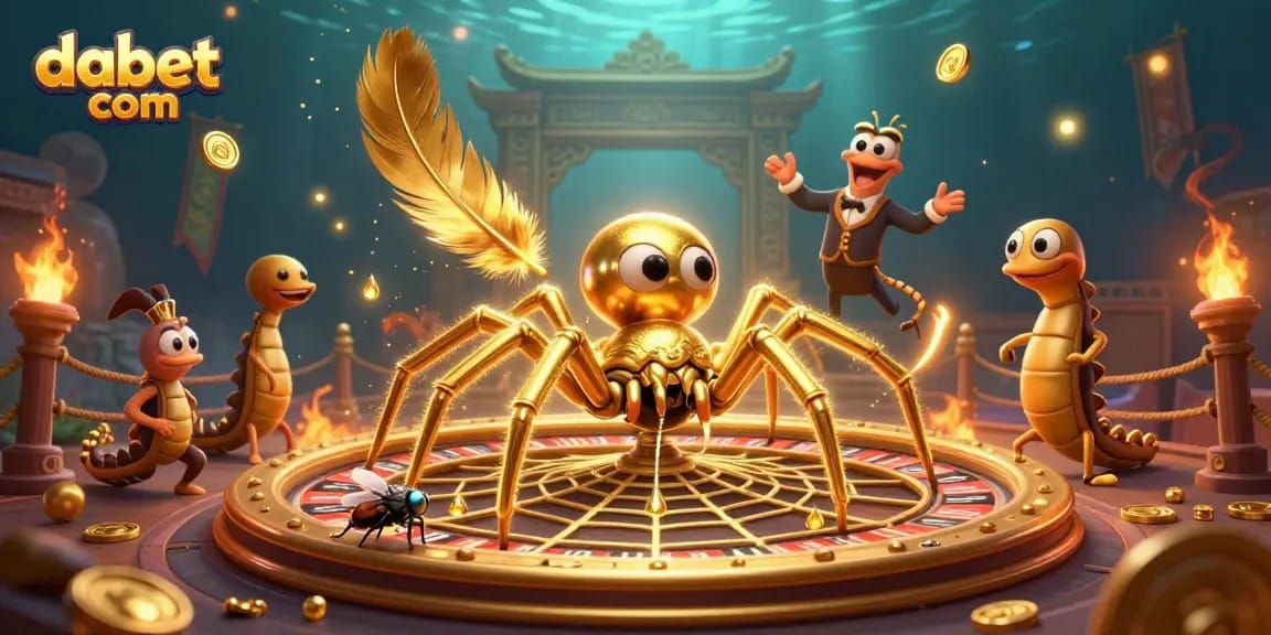 Place bets at dabet com in a rich 3D scene with a golden spider roulette wheel.