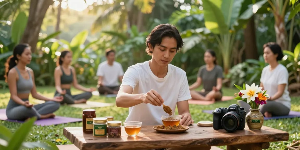 Group enjoying wellness activities while preparing thai kratom tea in a lush tropical setting.