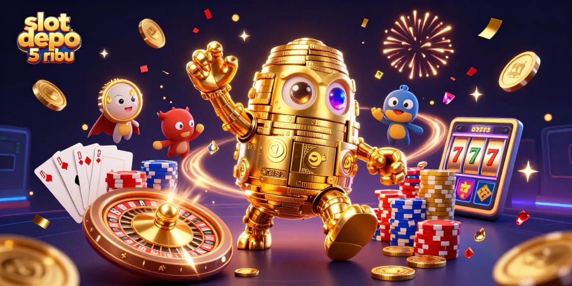 Spin and win with slot depo 5 ribu's vibrant illustration of a golden golem amidst cascading riches.