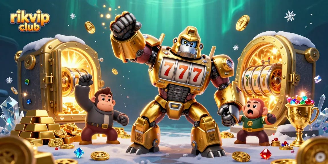 Spin the reels with excitement at rikvip club, showcasing a vibrant slot machine-themed adventure.