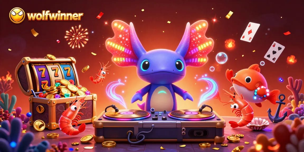 wolfwinner presents a vibrant scene of a neon axolotl DJ and friends celebrating slot game excitement.