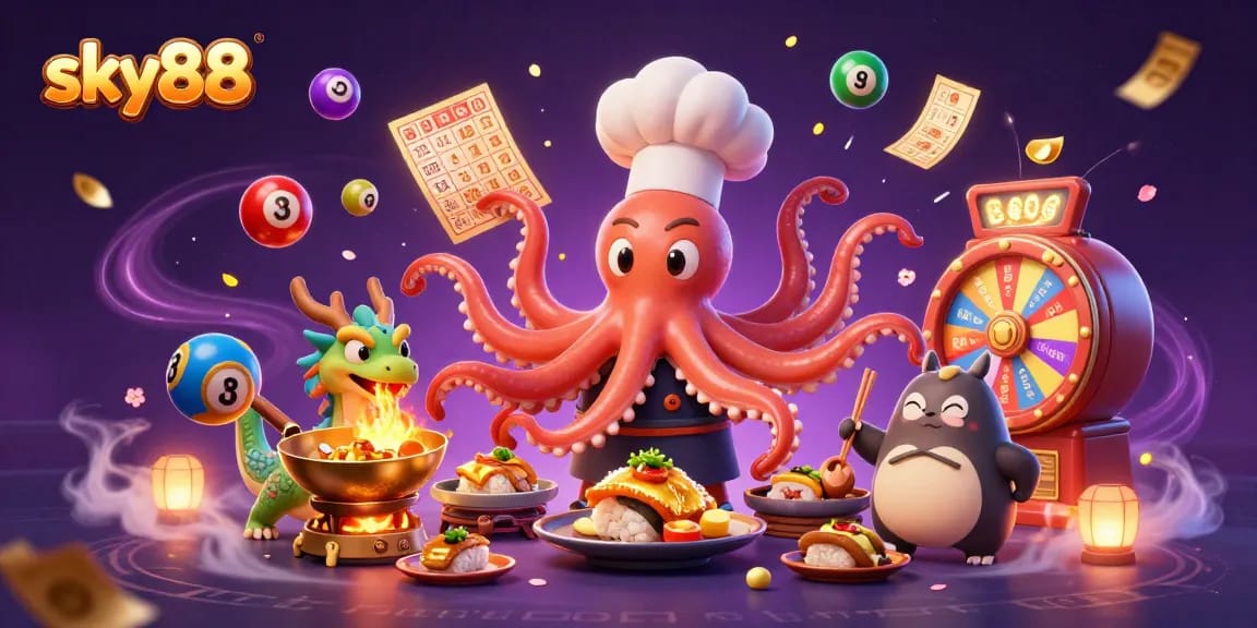 Experience the thrill at sky88 with a vibrant casino-themed illustration featuring dynamic characters and games.