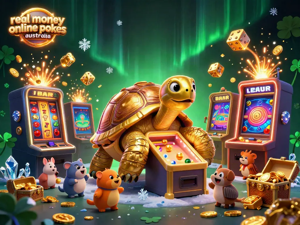 Engage with real money online pokies Australia through this festive 3D scene featuring golden tortoise, slot machines, and gleaming coins.