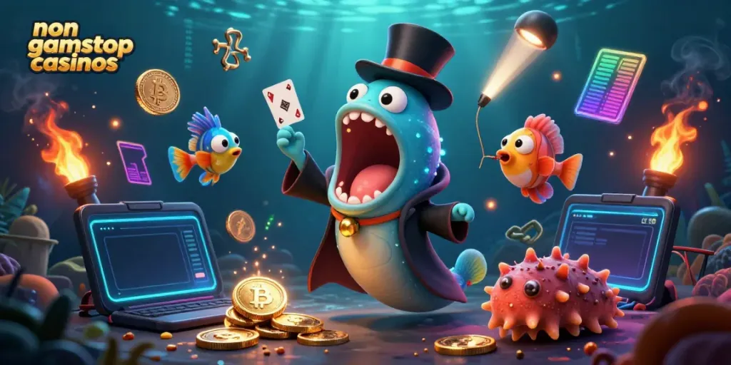 Experience the thrill of non gamstop casinos with lively underwater characters creating a magical casino scene.