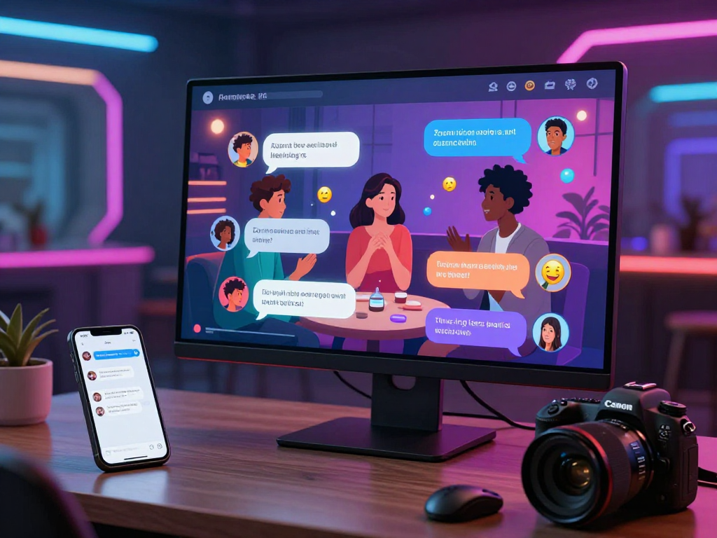 Engaging ai porn chat scene featuring avatars in a colorful digital lounge.