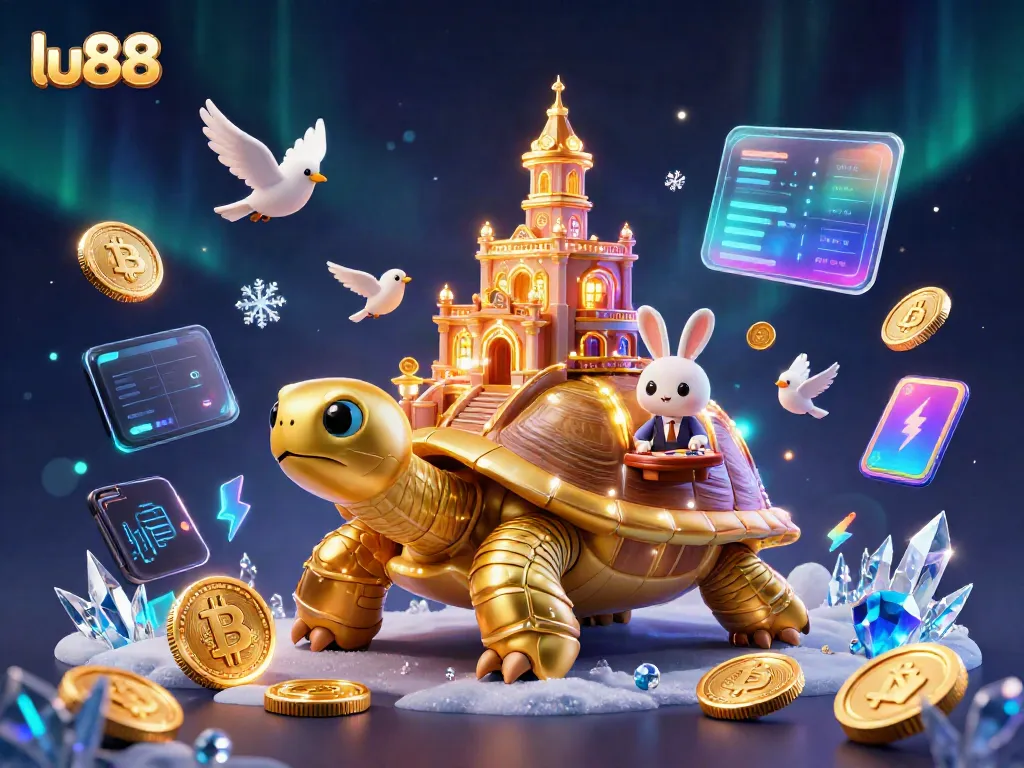 Experience thrilling gameplay with LU88's golden tortoise casino scene sparkling with crypto coins.
