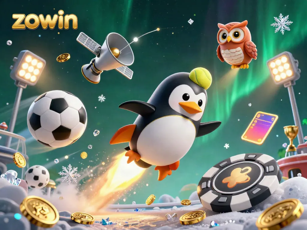 Experience the excitement of zowin with a colorful illustrated scene of a penguin racing to a casino space station.