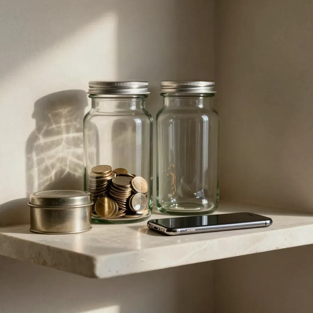 Glass savings jars and a sealed cash tin on a pale stone shelf in warm light.
