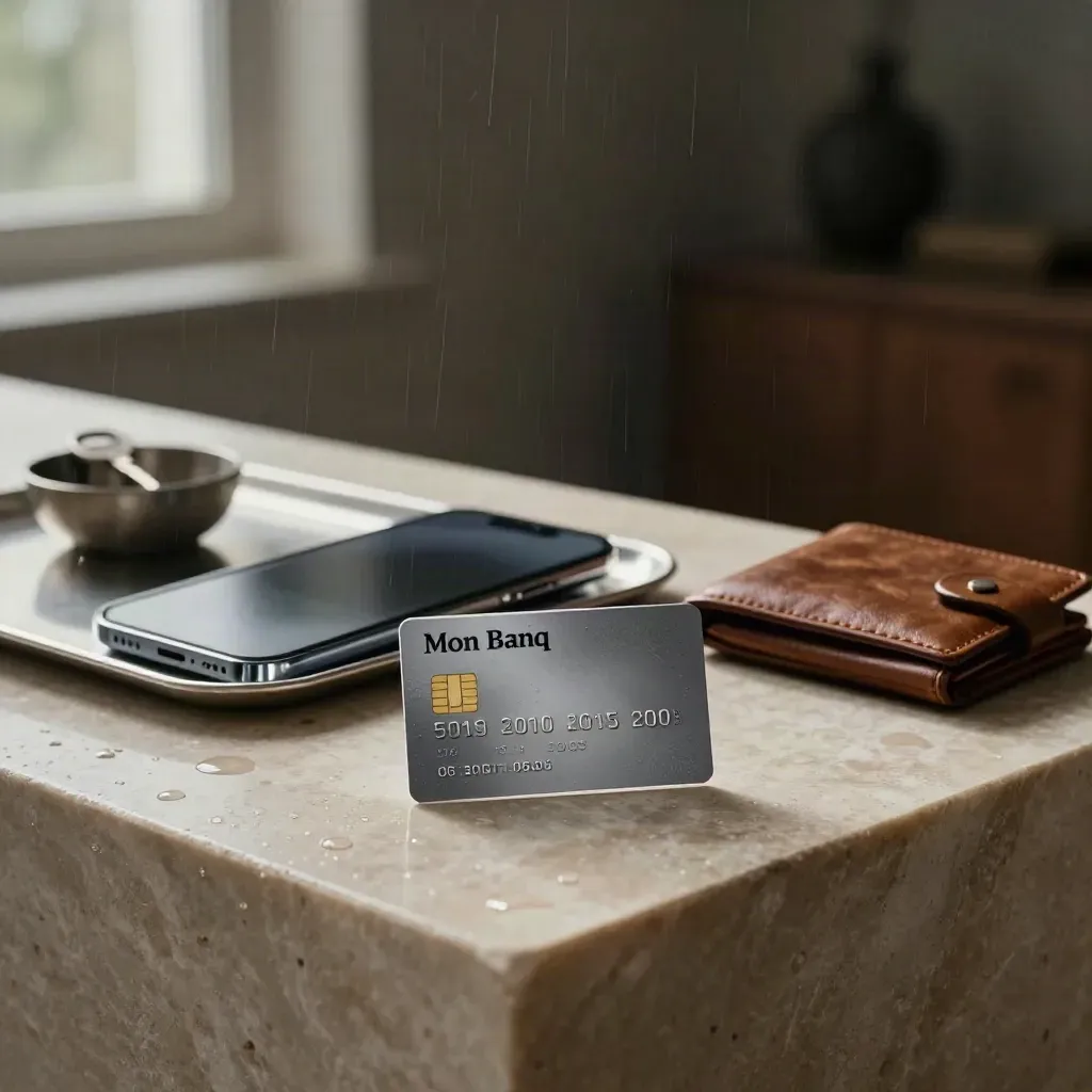 Debit card, phone, tray and wallet on a stone island in dramatic dawn light.