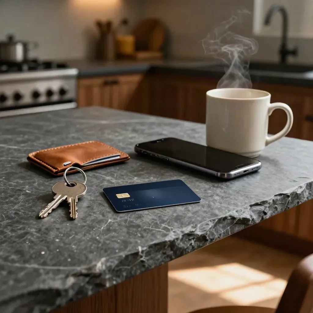 Debit card, keys, pass holder, phone and steaming mug on a slate kitchen counter.
