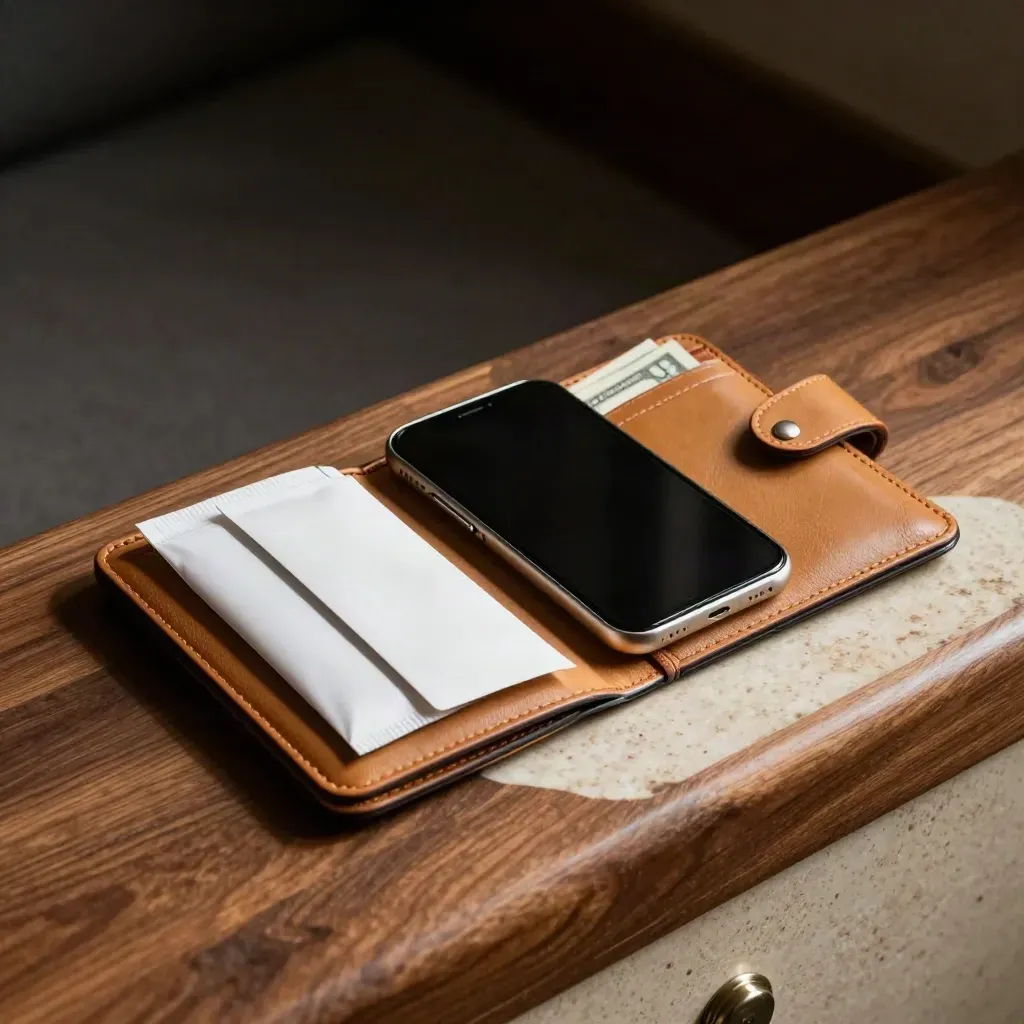 Travel wallet, two white currency sleeves and a glowing phone on a walnut bench
