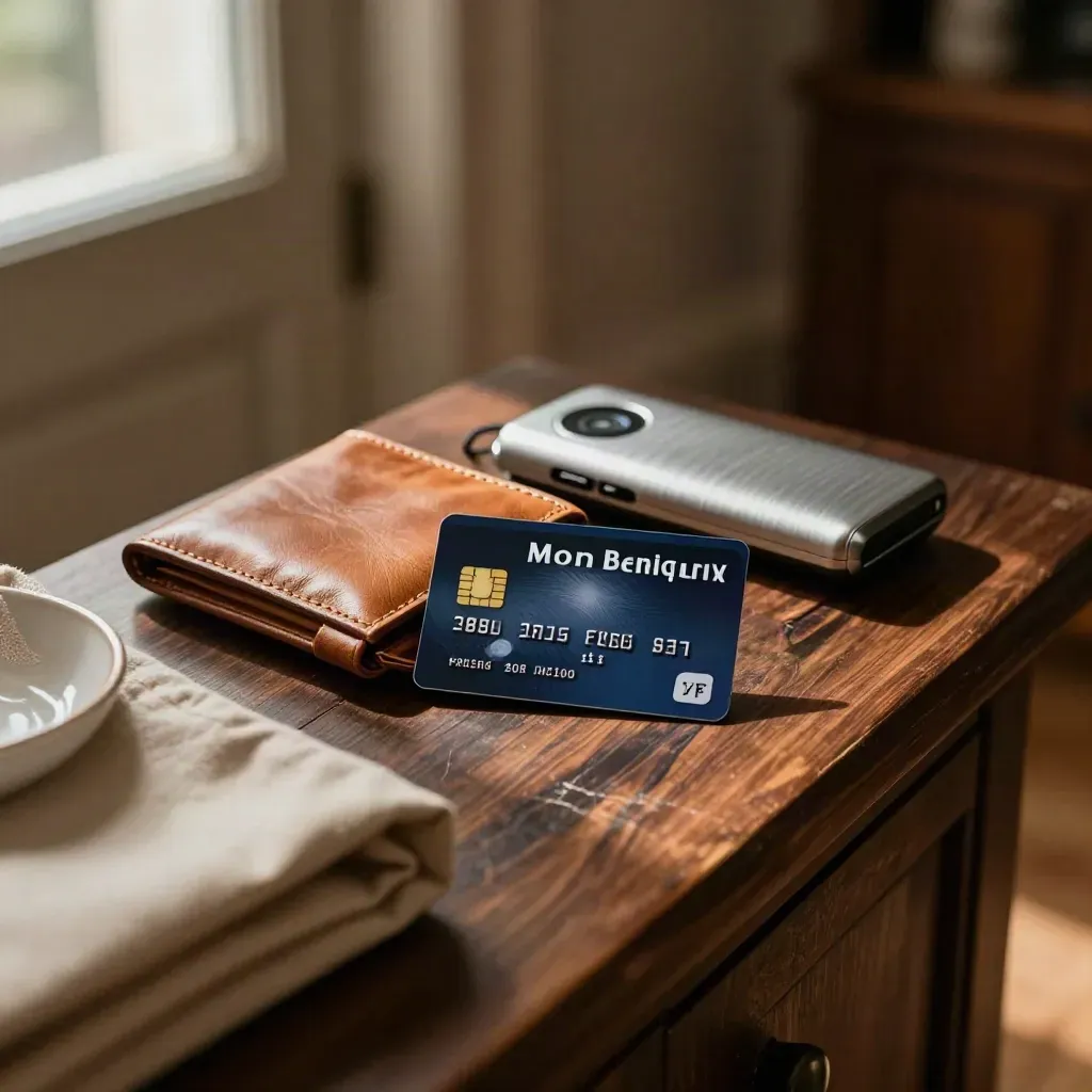 Debit card, leather sleeve, wallet and NFC reader on a dark oak console in warm window light.