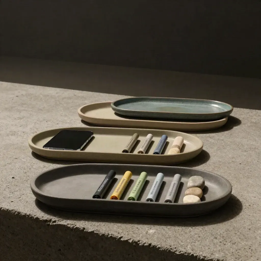 Three ceramic budget trays, a phone and pebble markers on concrete in moody light.