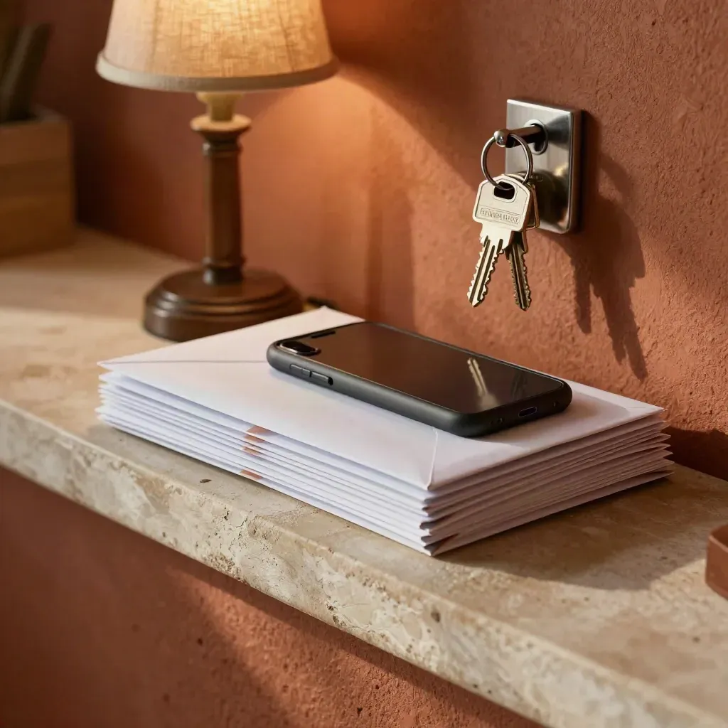 Bill-payment corner with sealed envelopes, a phone, silver keys and a warm lamp on a plaster ledge.