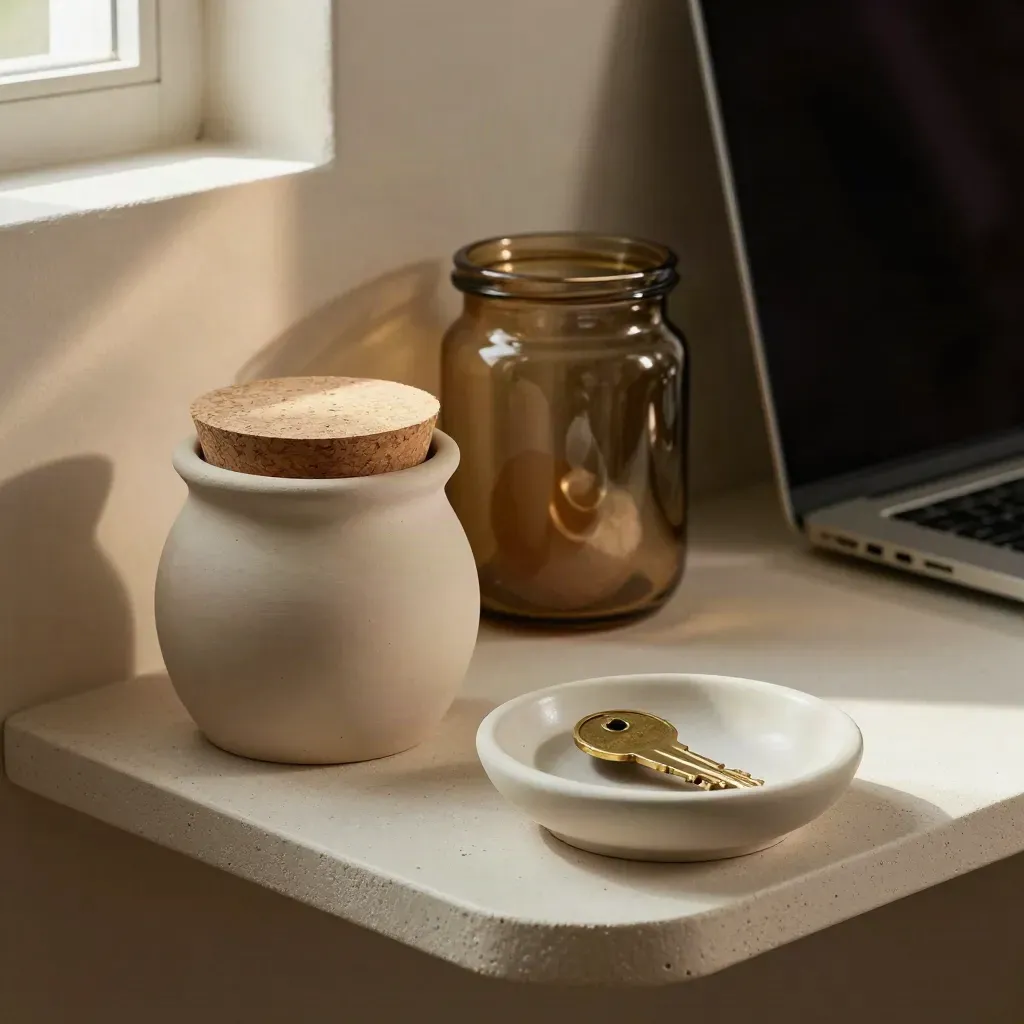 Freelancer finance corner with tax pot, savings jar, key bowl and closed laptop.
