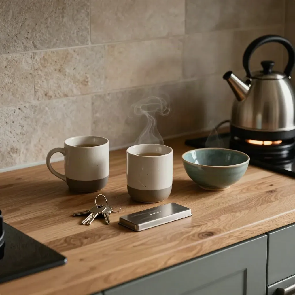 Tea-steam kitchen counter with mugs, keys, card tray, and teal spending bowl