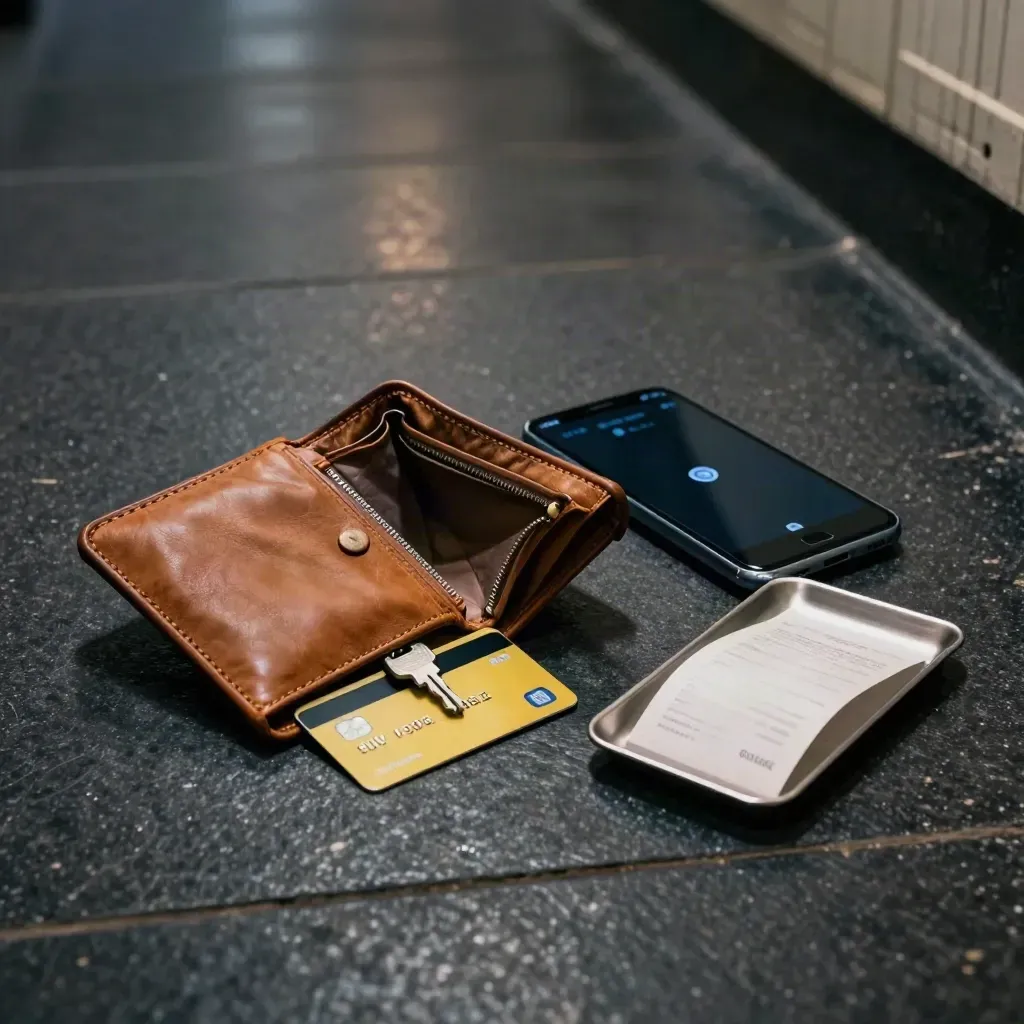 Open wallet, frozen debit card, locked phone and tray on a dark stone floor.