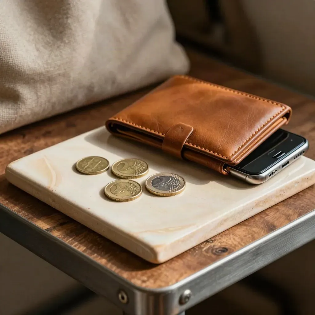 Travel wallet, phone, euro coins and ceramic tile on warm wood, lit by soft daylight.