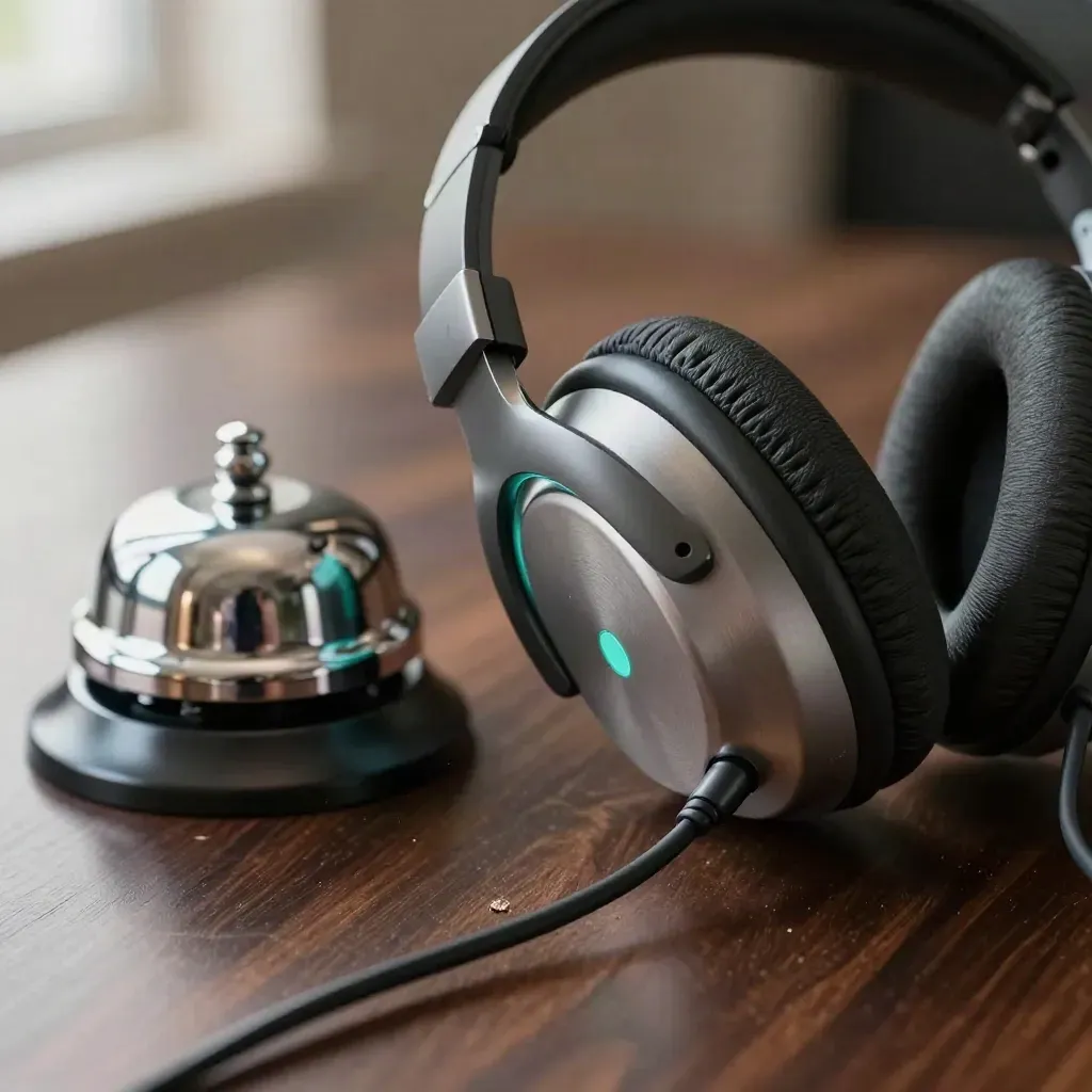 Macro of a headset, handset dock and desk bell on dark walnut in moody teal-tinged light.