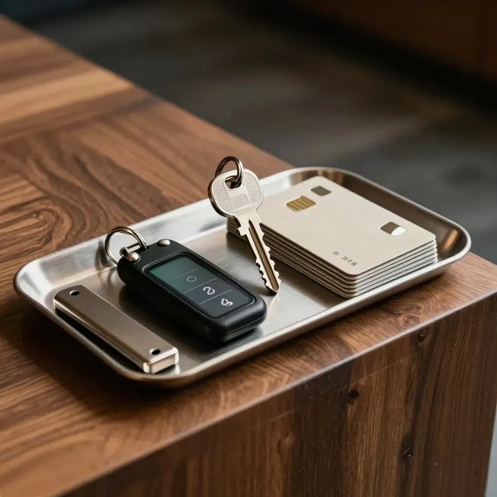 Hardware security key, dual-auth token and payment cards on a brushed-metal tray in dramatic studio light.