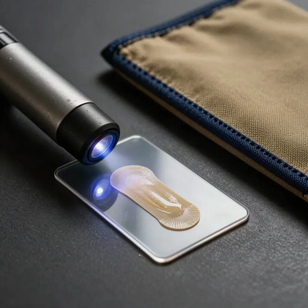 UV torch skims a card edge, tamper seal and evidence pouch in a dark close-up