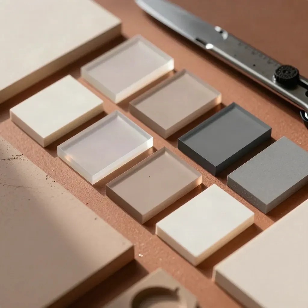 Macro overhead of acrylic UI blocks, swatches, craft knife and clay prototype tiles on terracotta plaster.