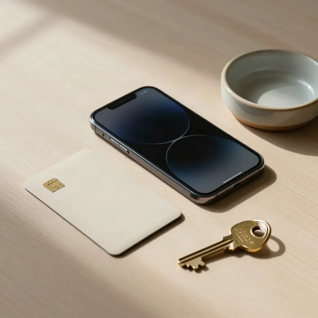 Top-down phone, debit-card sleeve, brass key and ceramic catchall on pale wood in soft morning light.