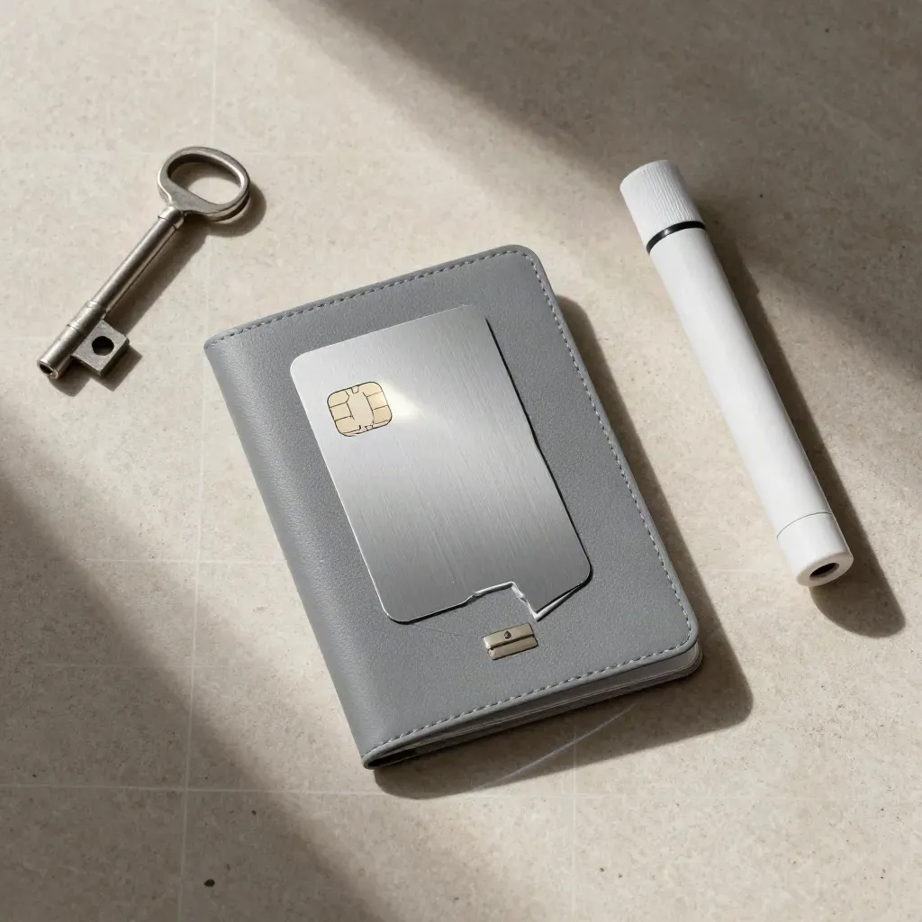 Overhead ID check flatlay with passport cover, chip card and UV torch on stone.