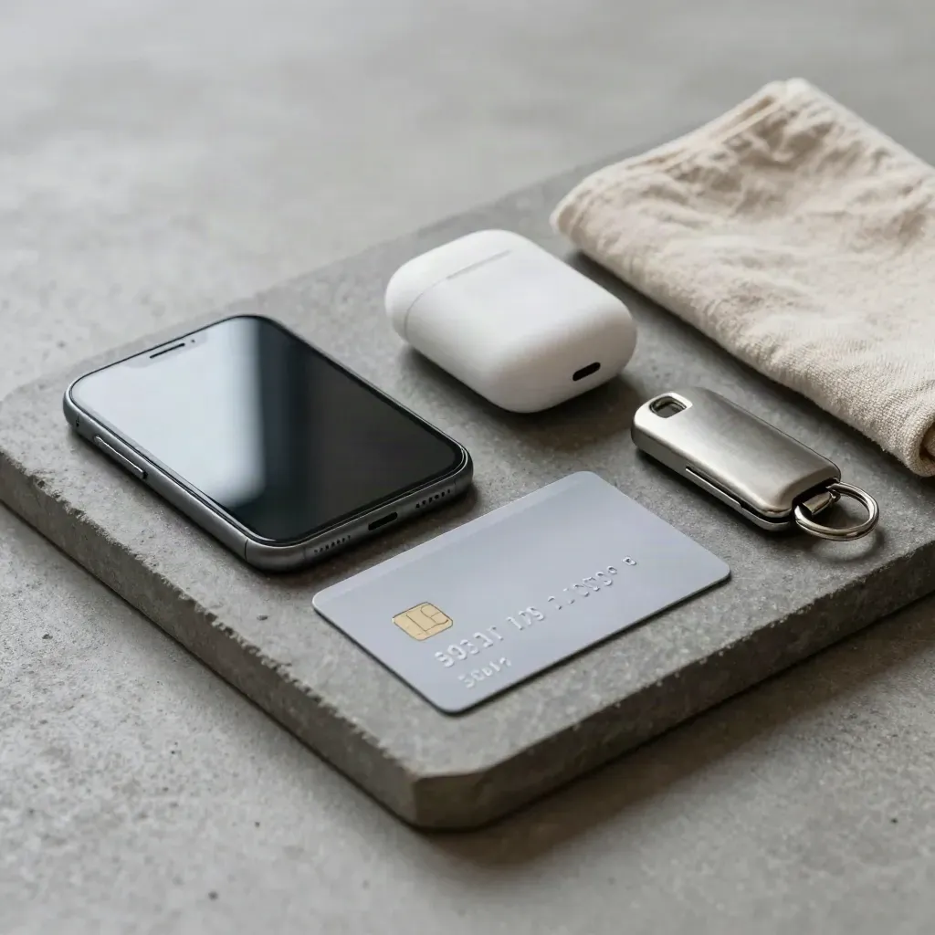 Phone, debit card, earbuds case, key fob and payment dock arranged on stone