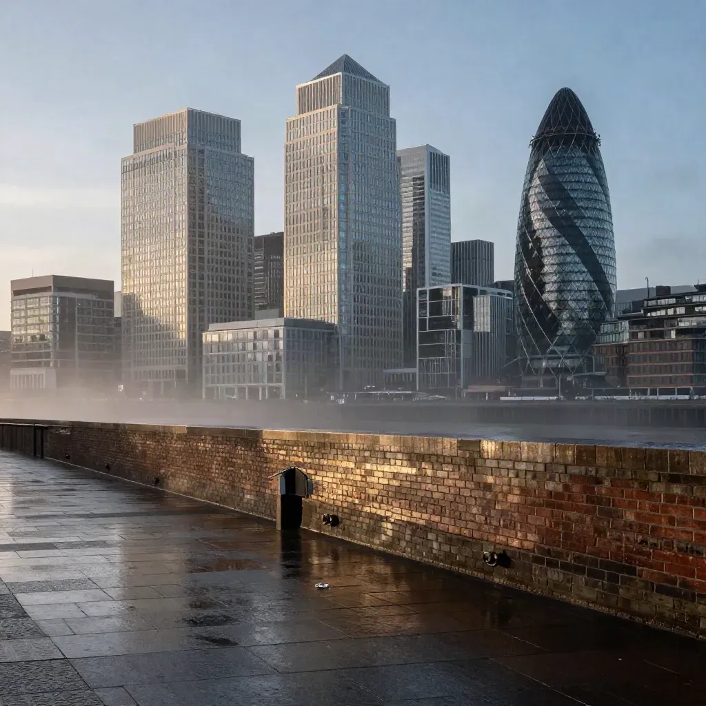 Canary Wharf towers above a misty wet Thames embankment at blue hour.