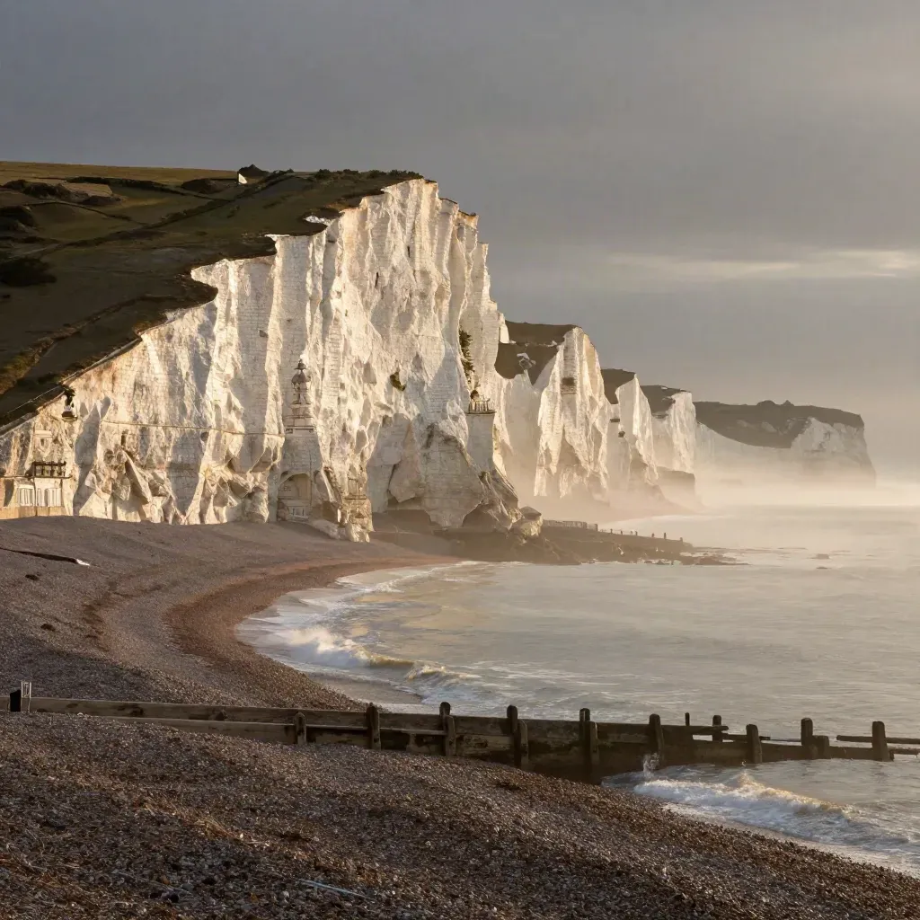 Brighton cliffs and rooftops above a pale shingle coast in warm sea haze