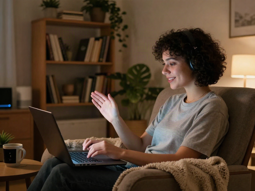 Engaging in an AI porn chat in a cozy room with warm lighting.