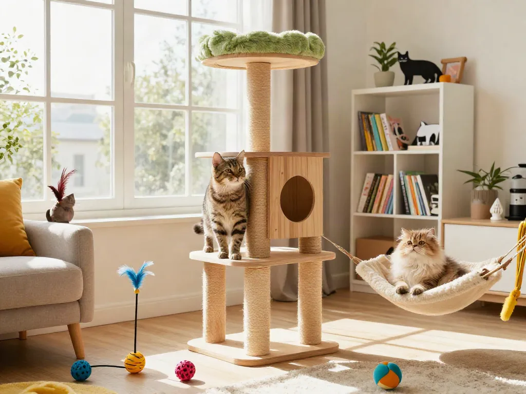 Cat trees in a cosy living room with playful cats exploring and lounging.