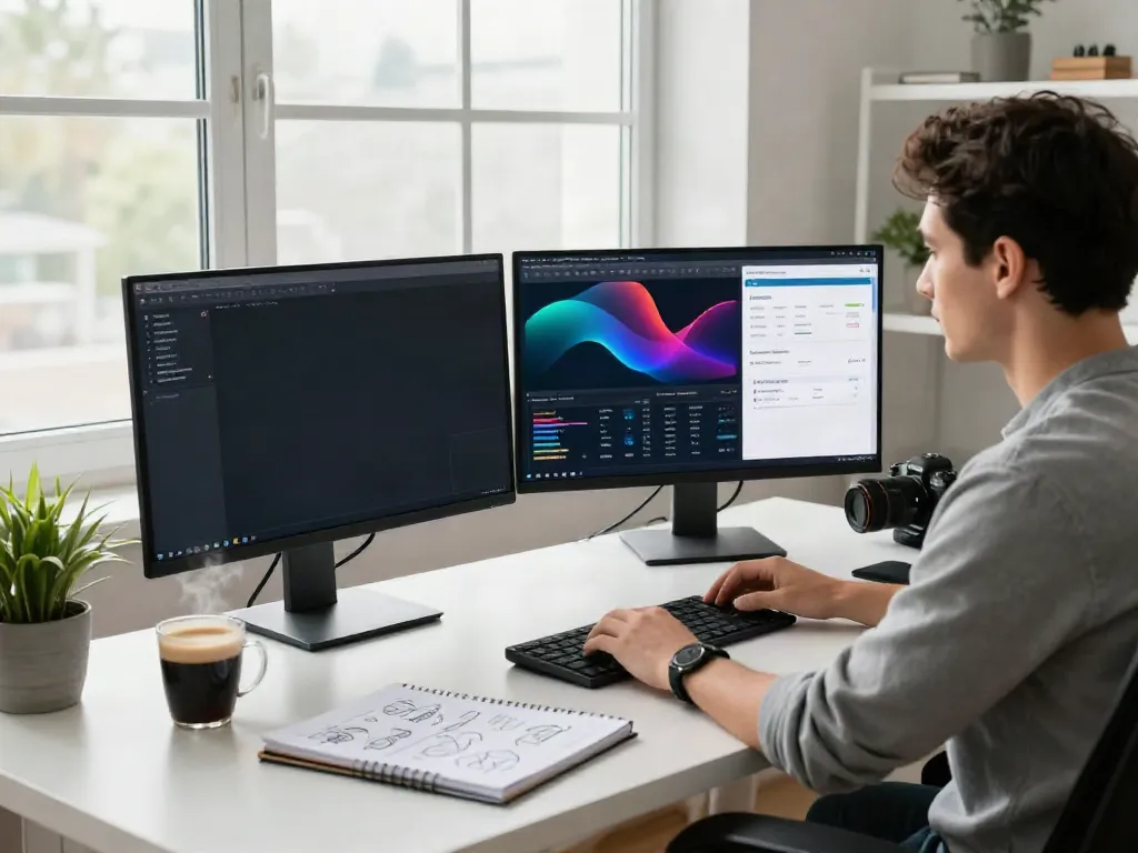 Professional workspace showcasing instant indexing tools and SEO analytics in a bright home office.