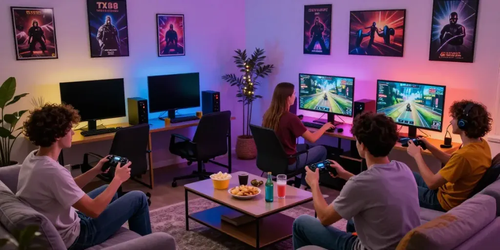 Exciting gaming scene at home with friends enjoying online games on TX88