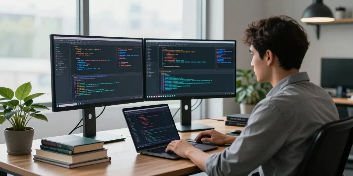 Developer coding AI agents with dual monitors in a modern tech office