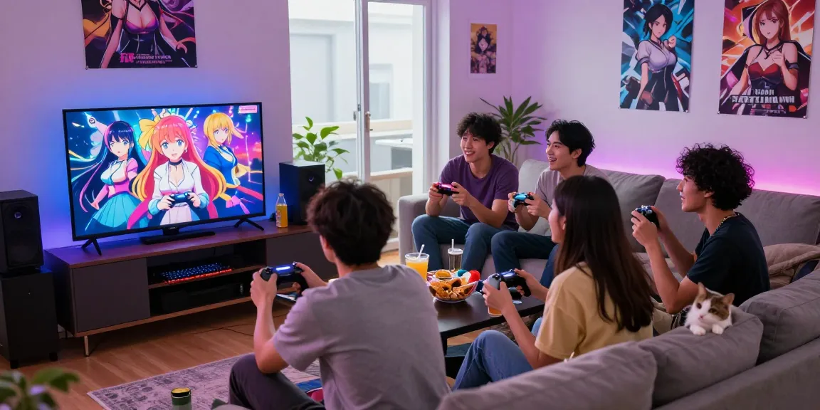 Friends enjoying hentai game night in a vibrant gaming room, surrounded by snacks and colorful decor.