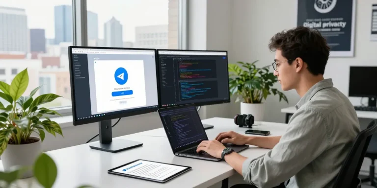 Developers utilizing Telegram Download on modern tech workspace with innovative tools.