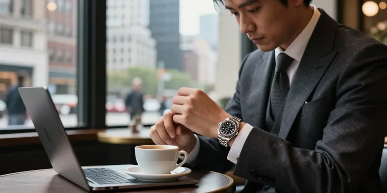Admiring a Rolex super clone watch in a chic urban café, highlighting luxury and elegance.