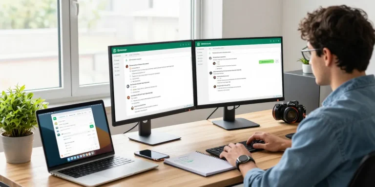 Professional workspace using WhatsApp電腦版 on dual monitors, optimal for communication.