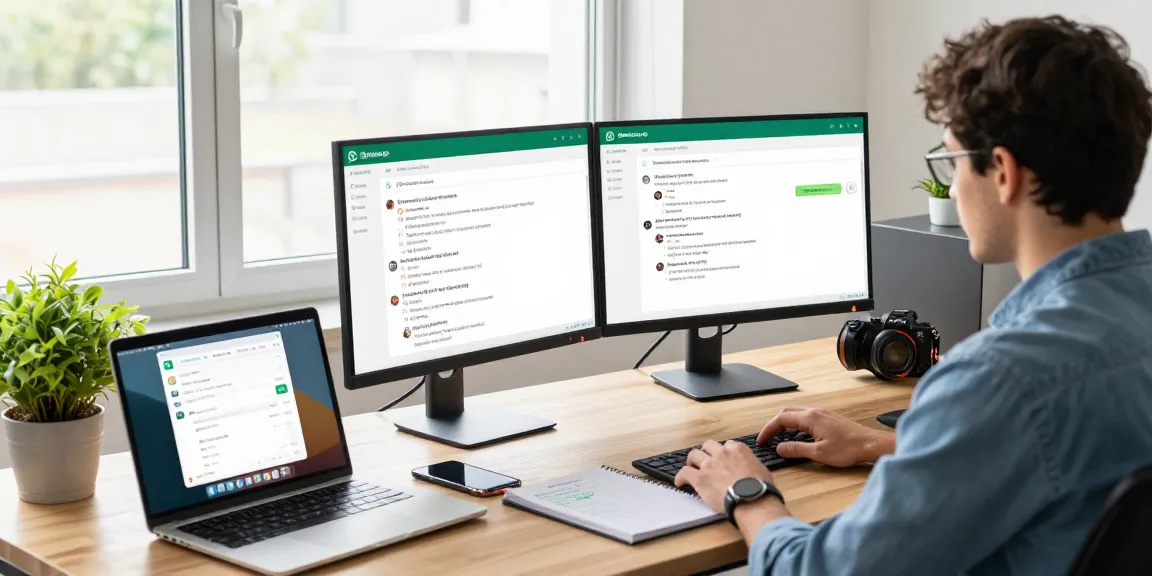 Professional workspace using WhatsApp電腦版 on dual monitors, optimal for communication.