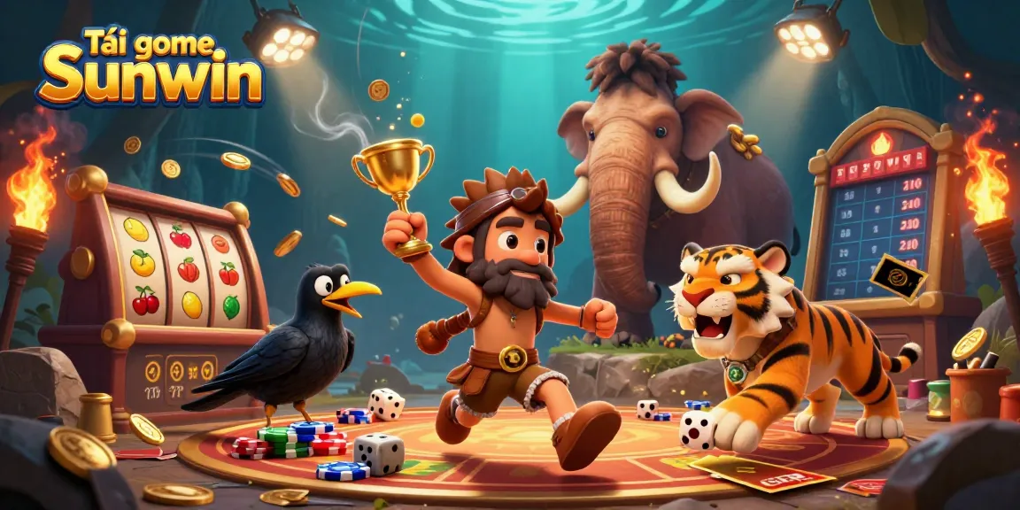 Tải game Sunwin features an engaging prehistoric casino scene with characters and vibrant game elements.