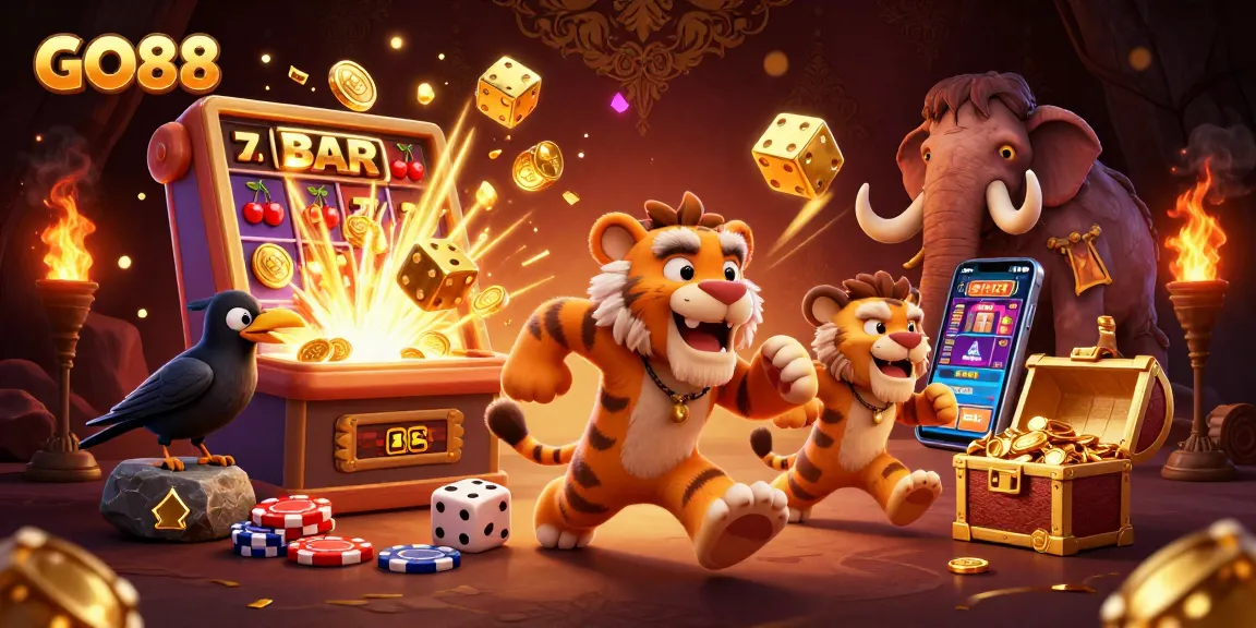 Experience GO88's thrilling casino adventure with a caveman and sabertooth duo!