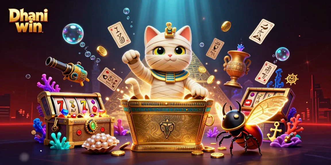 Dhani win game scene with a mummy cat, glowing scarab beetle, and floating slot reels unveiling treasure.