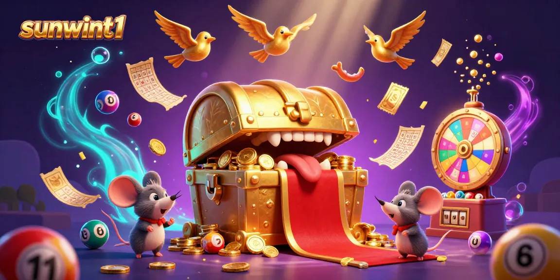 Engaging 3D illustration of sunwint1's gaming treasures attracting adventurer mice with vibrant lottery elements.